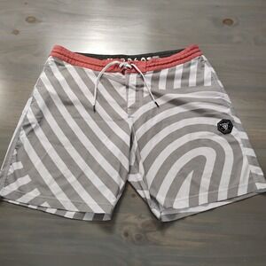 Vissla Board Shorts Size 38 Gray White Striped Coral Trim Surf Swim Ocean Beach